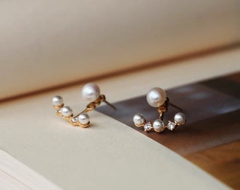 Gold vermeil Two-ways ear jacket. Freshwater pearl ear jacket. Pearl ear climbers. pearl zircon earrings. pearl studs earring