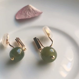 Natural Hetian Jade clip-on drop earring no pain Jade ear clipcomfortable non pierced ear clip minimalist earring elegant earring Green