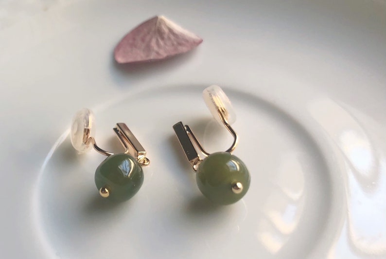 Natural Hetian Jade clip-on drop earring no pain Jade ear clipcomfortable non pierced ear clip minimalist earring elegant earring Green