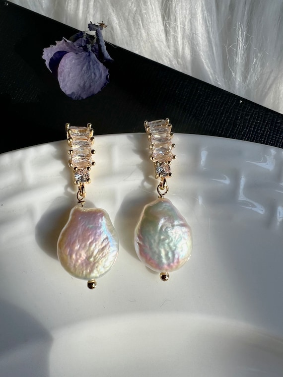 Baroque Pearl Hoop Earrings, 14K Gold Plated, CZ Sterling Silver Posts, Bridal Jewelry