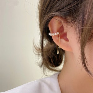 Genuine pearl ear cuffs. streetwear earrings. simple ear cuff. ear cuff no piercing. dangle chain cuff. statement ear cuff