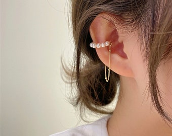 Genuine pearl ear cuffs. streetwear earrings. simple ear cuff. ear cuff no piercing. dangle chain cuff. statement ear cuff