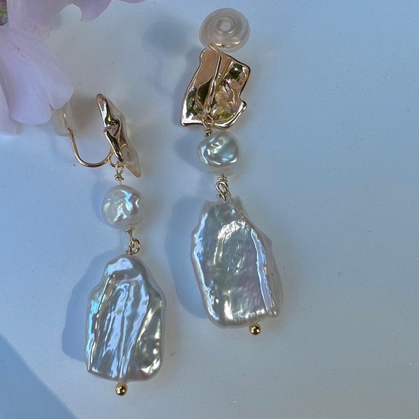 Double Baroque Pearl Nugget Earrings, Stud and Dangle
