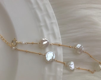 14K gold filled Genuine freshwater baroque petal pearl  bracelet. Dainty bracelet. Charm bracelet. Wedding bracelet. Bridal bracelet.