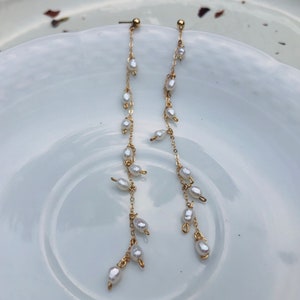 14K Gold Filled Stud Long Chain Dangle Pearl Earring. Fleurette Earring ...