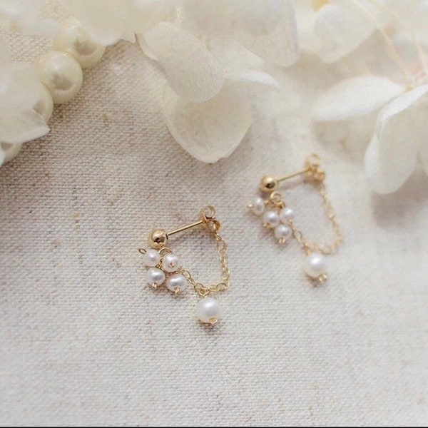 14K gold filled dainty pearl chain drop stud earring，baby pearl cluster dangle earring，bridal bridesmaid seed pearl stacking earring