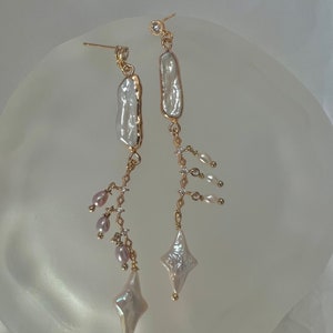 Genuine freshwater irregular baroque pearl long dangle star earrings . Unbalanced. Bridal boho pearl earrings. Art deco pearl earrings.