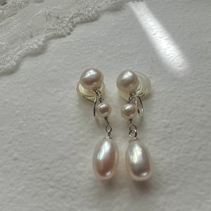 Two ways wearing freshwater pearl clip-on earring. Multi-Pearl earring. Comfortable Non pierced ear clip. Bridal earring. Gift for her