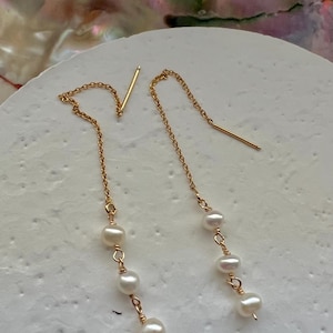 14K gold filled freshwater pearl dainty threader/earring. elegant earring. minimalist threader/earring. Valentines gift. Gift for her.
