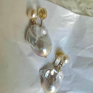 AAAA Square/natural shaped genuine baroque pearl clip on earring. No pain charm baroque pearl earring. Comfortable non pierced ear clip