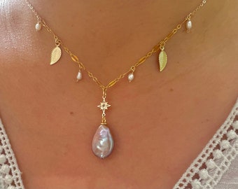14K gold filled freshwater charm necklace. Multiple-chain necklace. Freshwater pearl necklace. Shell starfish leafs necklace.