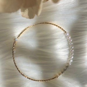 Handmade wire wrapped genuine freshwater pearls open cuff bangle. Wedding pearl bracelet/bangle. Elastic bangle Dainty bangle/bracelet. Gift