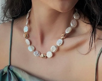 Large Baroque Coin Pearl Necklace, Gold Toggle Chunky Necklace