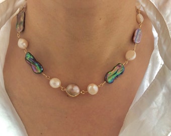 Freshwater multiple-color baroque Pearl vintage necklace. Art nouveau boho necklace. Wedding necklace.