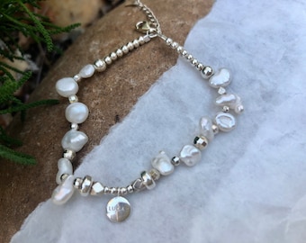 925 sterling silver freshwater pearl Dangle lucky designs bracelet. Baroque petal pearl bracelet. Adorable bracelet. Boho bracelet
