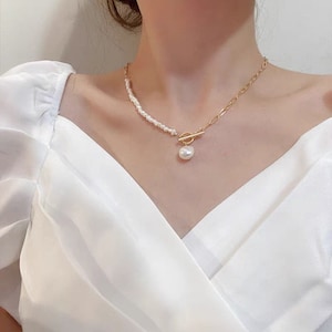 Freshwater baroque pearl half rectangle chain dangle necklace. Boho wedding necklace. Real pearl necklace. Gift for her