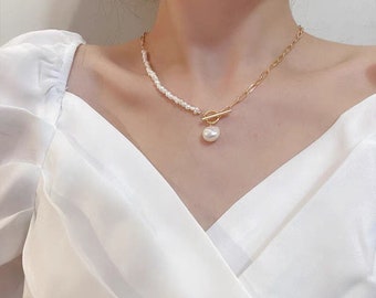 Freshwater baroque pearl half rectangle chain dangle necklace. Boho wedding necklace. Real pearl necklace. Gift for her