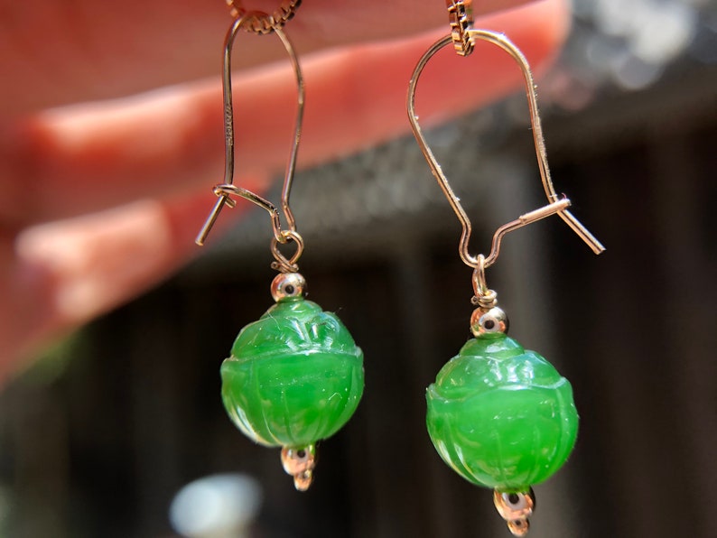 14K gold filled Natural Hetian Jade hand crafted lotus France style mini hooks earring \uff0cminimalist earring \uff0cyoga earring \uff0cdainty earring