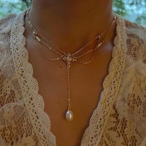 Vintage style freshwater pearl filigree necklace. Art nouveau necklace. Diamonds necklace. Victoria style necklace. Gift for her