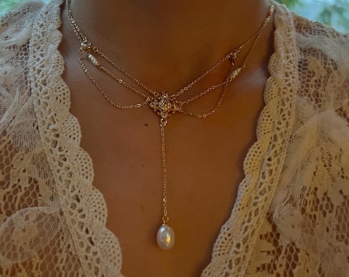 Vintage style freshwater pearl filigree necklace. Art nouveau necklace. Diamonds necklace. Victoria style necklace. Gift for her