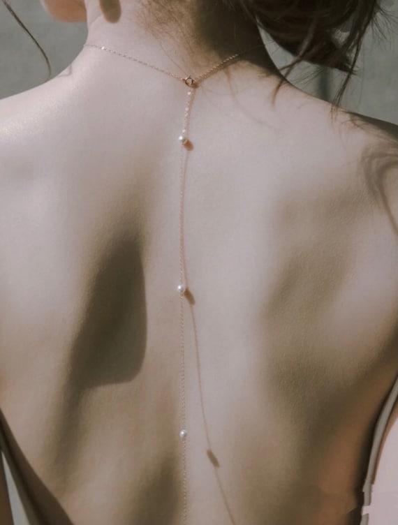 Long Back Drop Bridal Necklace with Cultured Freshwater Pearls Sterling Silver Long Back Drop Bridal Necklace with Cultured Freshwater Pearls Sterling Silver
