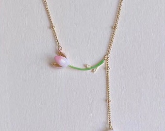 14K gold filled dangle tulip freshwater pearl beaded chain necklace. Flower necklace. Famous painting necklace. Floral necklace.