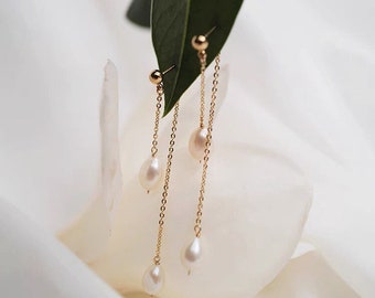 14K gold filled natural Baroque pearl waterfall long chain drop/clip on earring. wedding earring. dainty bridal earring. Bridesmaid gift