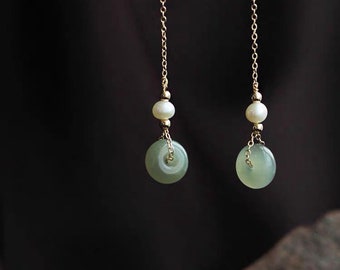 14K gold filled hetian jade donuts freshwater pearl clip-on long dangle earring. Comfortable Non pierced ear clip. gift for her