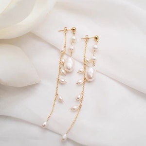 Freshwater baroque pearl clip on earring. No pain earring. Bridal pearl earring. Pearl double dangle earrings. No piercing.