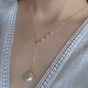 14K gold filled genuine baroque pearl chain necklace. Y-dropped freshwater pearl necklace   dainty adjustable lariat slide pearl necklace.