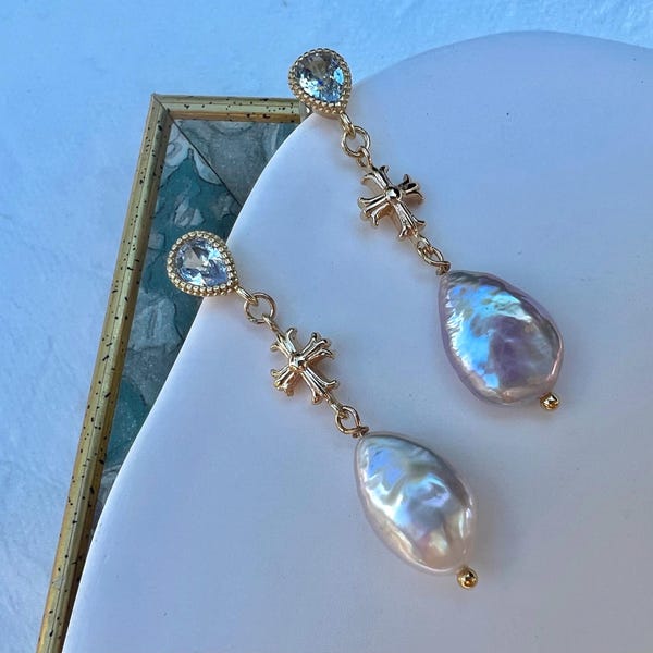 Teardrop Baroque Pearl Cross Earrings, White or Purple Dangles