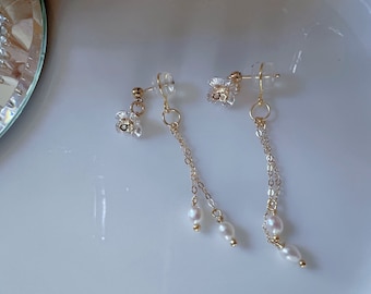 Art Deco Freshwater pearl dangle earrings. Delicate zircon floral earring. Two ways wear back earrings. Crystal elegant clip on earrings.