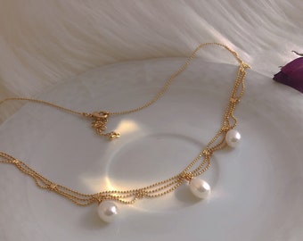 Dainty wave layer chain freshwater pearl necklace，genuine pearl wedding necklace ，elegant lace necklace，elegant wedding necklace