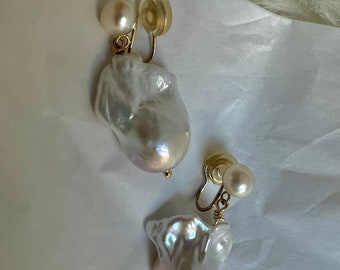 AAAA Square/natural shaped genuine baroque pearl clip On drop earring ，no pain charm barque pearl earring ，comfortable non pierced ear clip