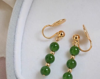 14K gold filled clip on genuine Hetian Jade earring. no piercing triple beads ear earring. Minimalist jade earring. Wedding. Gift