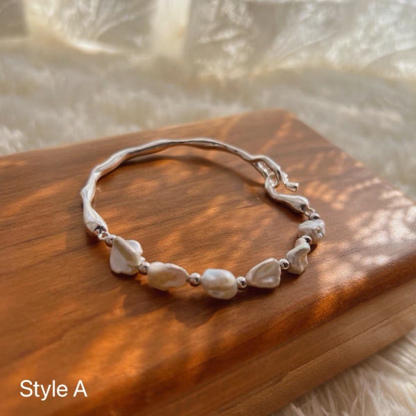 Freshwater baroque pearl half gold bangle Baroque pearl bracelet. Boho chic pearl bracelet. Minimalist bracelet. Gift for her