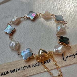 Freshwater multiple-color baroque clover pearl and mother of pearl clover bracelet. White four leaf flower bracelet.  Lucky bracelet.