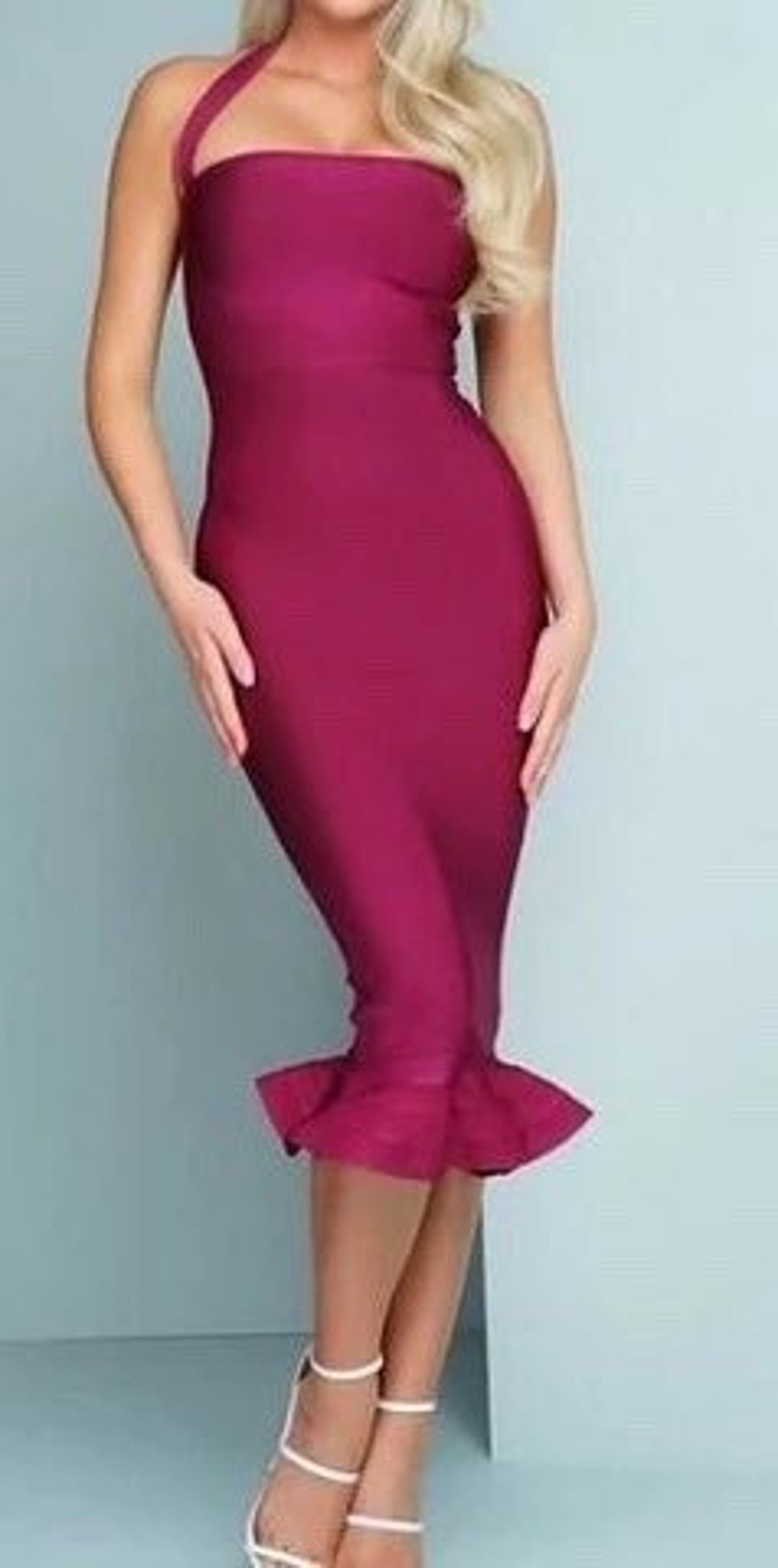 Halter Burgundy Midi Dress Tassel Dress Fringe Dress Party Dress Club