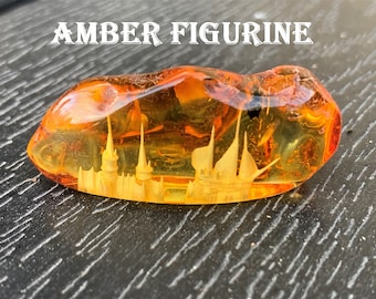 Carved Ship Castle Baltic Amber Figurine, 3D Engraving