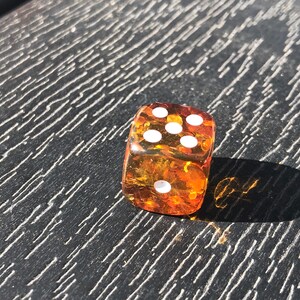 May include: A transparent amber-colored die with white dots, showing the number six. The die is resting on a dark, textured surface, casting a shadow. The image is taken in bright sunlight.