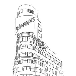 May include: A black and white line drawing of a tall building with a large sign that says "Schweppes" on the top. The building has many windows and a storefront with the word "Capitol" above it.