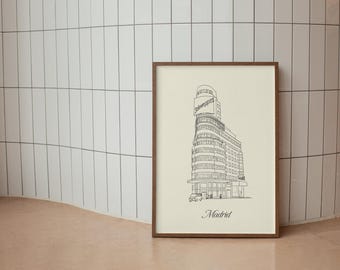 Madrid Schweppes Building Printable Art – Digital Download Hand-Drawn Line Drawing, Madrid Architecture Wall Decor, Instant Travel Poster