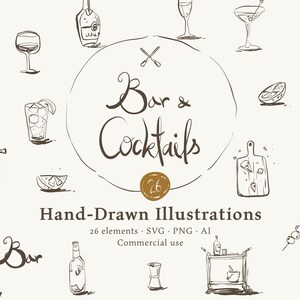 Puede incluir: Una colección de ilustraciones marrones dibujadas a mano con temas de bar y cócteles, que incluyen cristalería, botellas, un taburete de bar, un carrito de servicio y una tabla de cortar. El texto central dice Bar & Cocktails, 26 y Hand-Drawn Illustrations.
