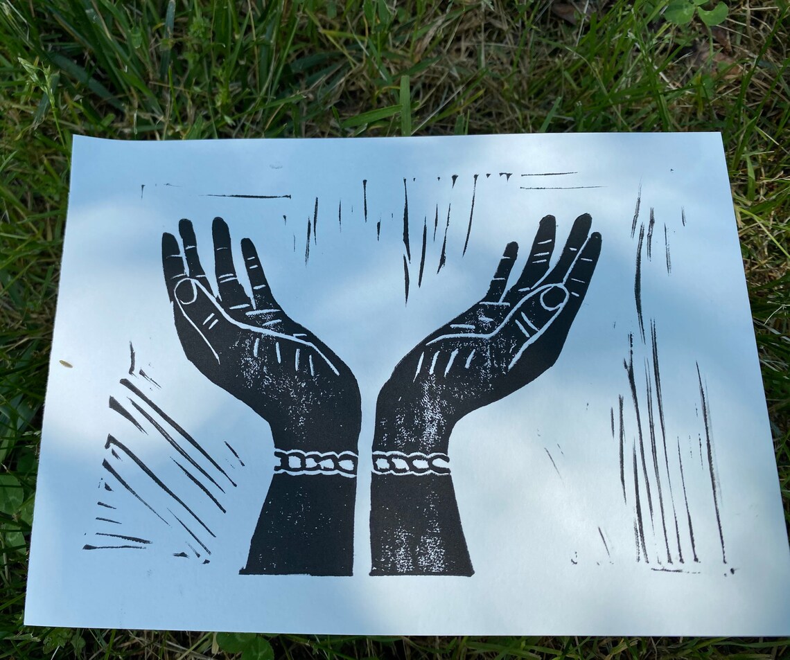 Untied hands in praise linocut print Etsy