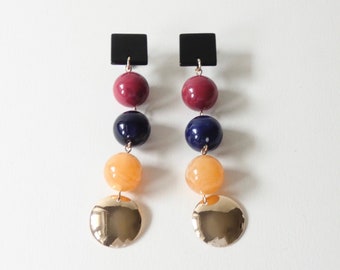 Vintage black square multicoloured bead gold disc dangle earrings, red blue yellow bead statement drop earrings, 1970 chunky boho earrings.