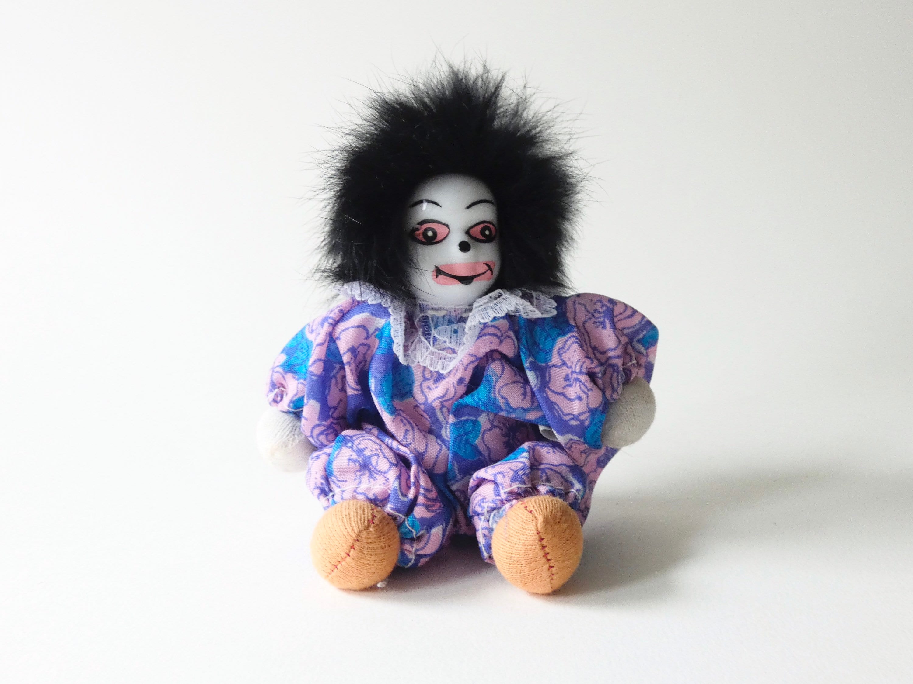 Vintage Weighted Fuzzy Hair Pink Blue Floral Mini Clown Doll
