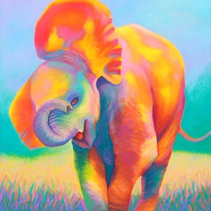 Print - Colorful Art, Happy Baby Elephant, Contemporary Art Print, Finger Painting, Multicolored Art