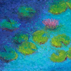 Print - Water Lily impressionist, Like Monet, Finger Painting, Blue Green Pink Flower Art Light Shadow Wall Art Print Giclee Available