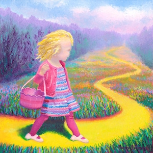 Print - Colorful Little Girl Finger Painting Art, Colorful Impressionist Finger Painting, Yellow Brick Road Art, Pink Easter finger painting
