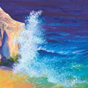 Print - Impressionist, Seascape Art, Wave Crashing Cliff Art, Palette Knife, Finger Painting, Blue Water Waves, California Cliffs